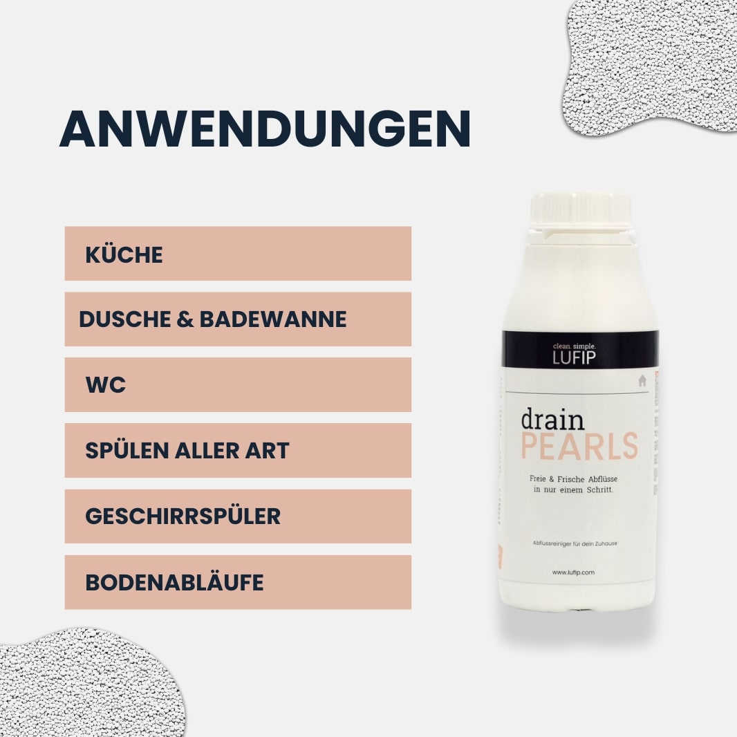  Drain Pearls von LUFIP mit Anwendungen für Küche, WC, Dusche, Spülen und Bodenabläufe. Effektiver Abflussreiniger für frische und freie Rohre.
