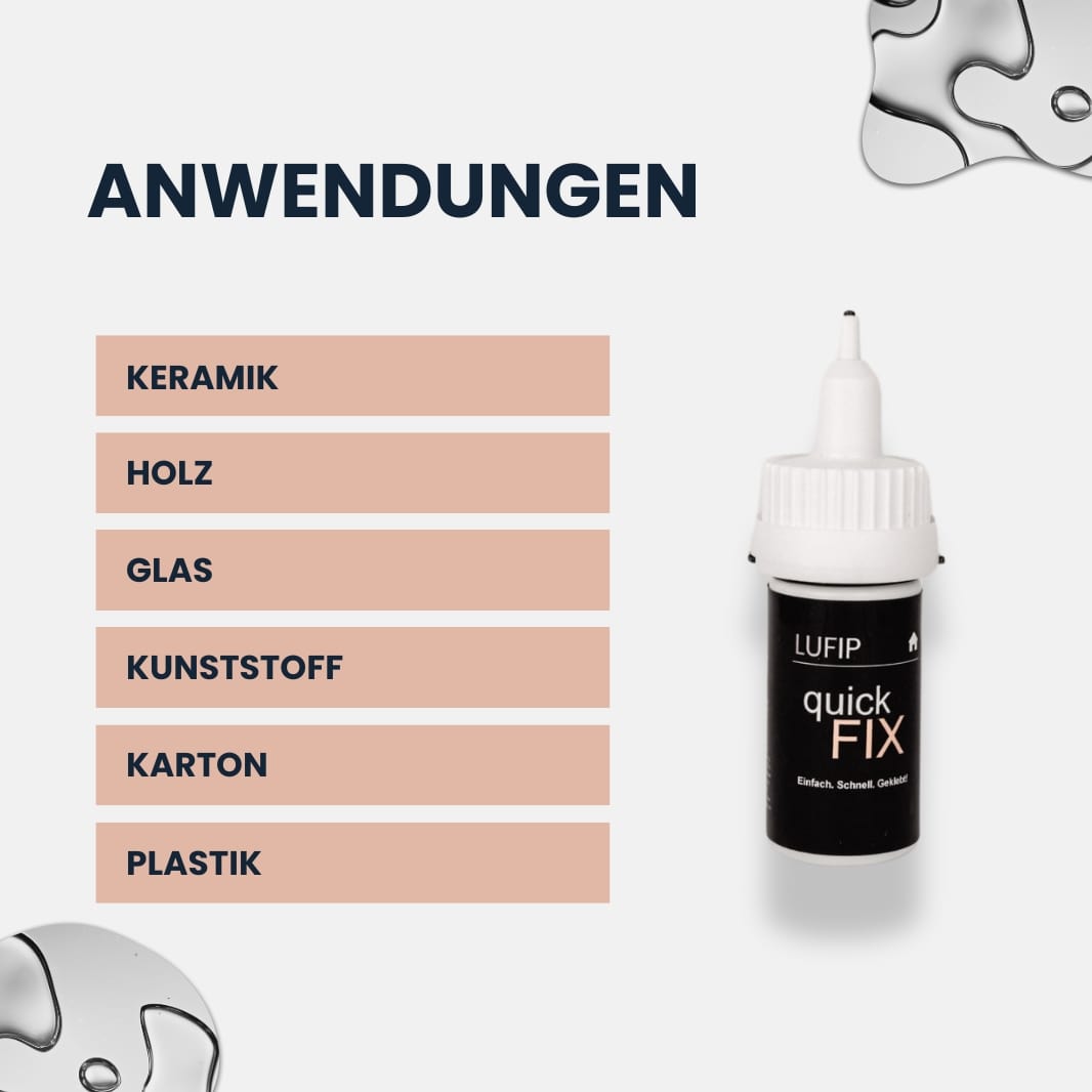 Quick Fix Kleber von LUFIP mit Anwendungen für Keramik, Holz, Glas, Kunststoff und Karton. Vielseitig und schnell trocknend.