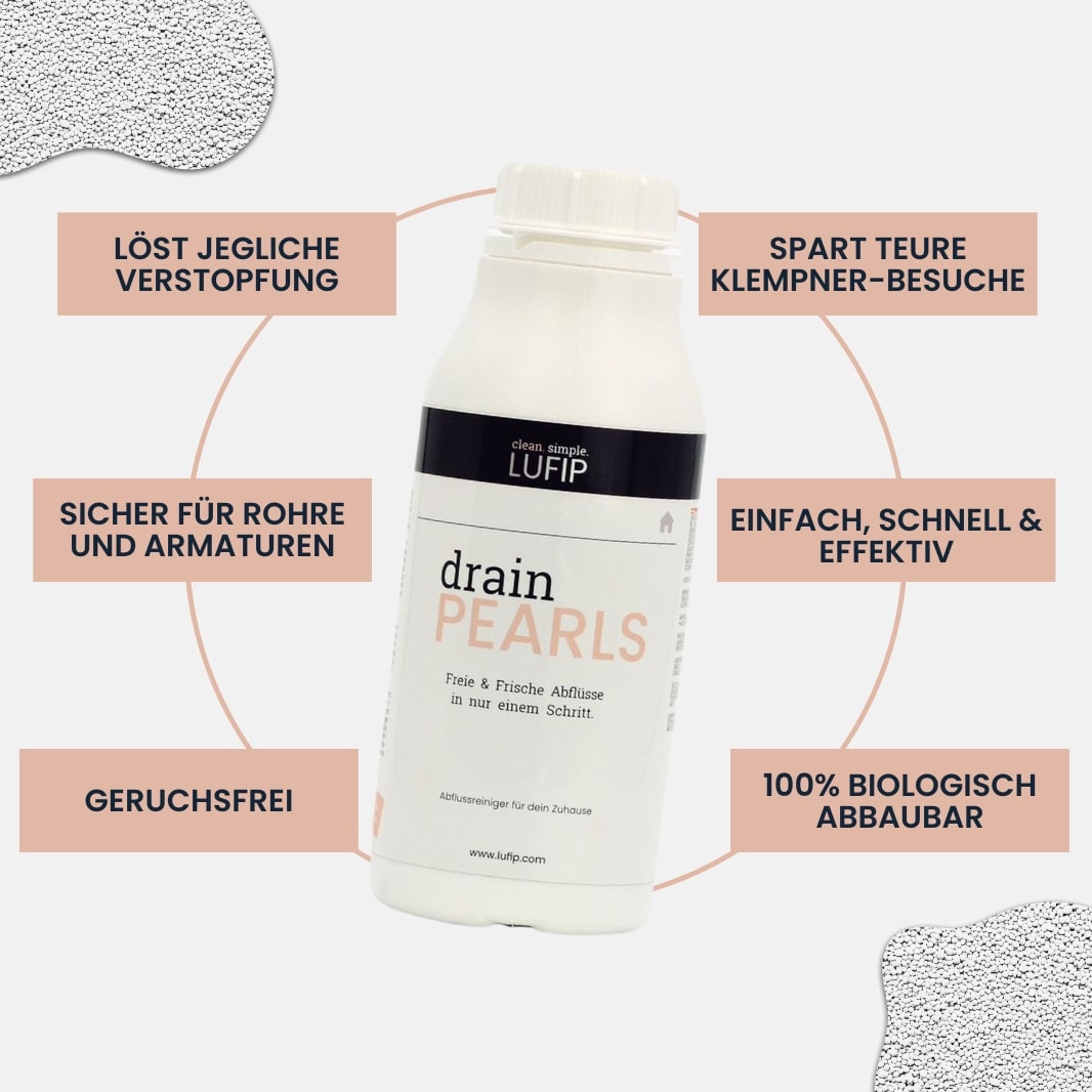 Drain Pearls von LUFIP mit Vorteilen wie biologisch abbaubar, geruchsfrei, löst Verstopfungen und schützt Rohre. Spart teure Klempnerkosten.