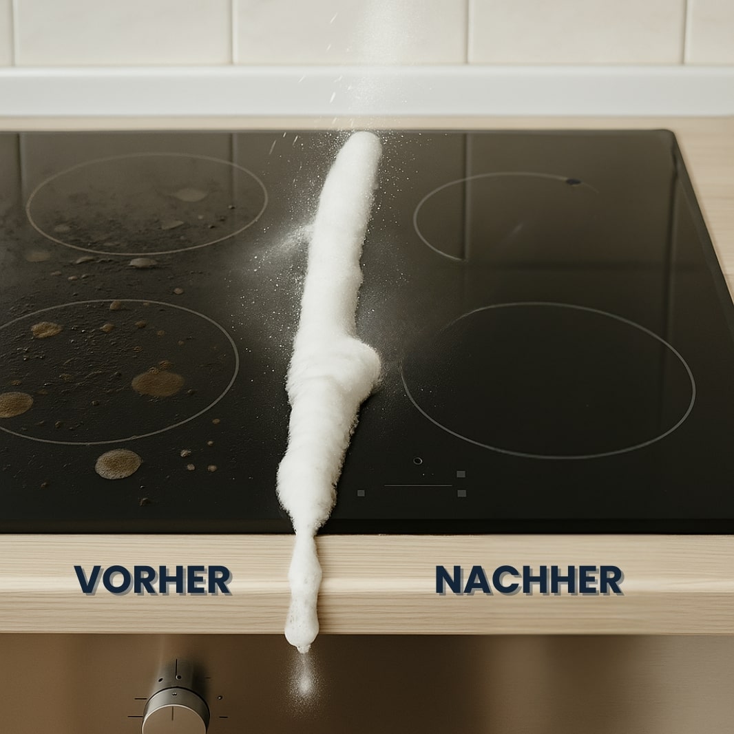 Eingetrocknete Verschmutzungen auf dem Herd – Magic Foam löst Fett und Eingebranntes sichtbar und streifenfrei.