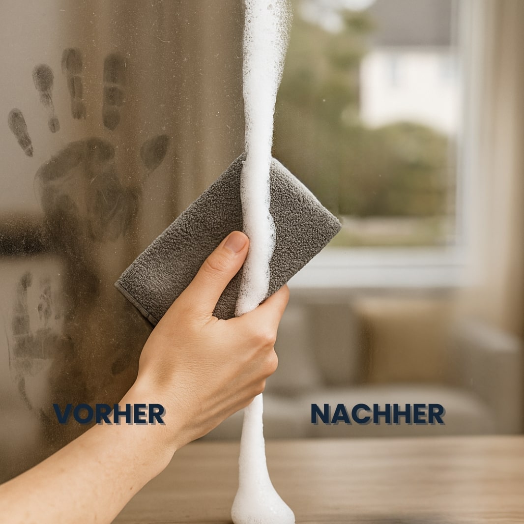 Schmutzige Fenster werden mit Magic Foam und Tuch streifenfrei sauber – ideal für Glasflächen im ganzen Haus.