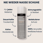 Hände halten LUFIP Always Dry Imprägnierspray horizontal und vertikal; Beschreibung empfiehlt Erste-Anwendung vor dem Tragen, wasser- & schmutzabweisende Nanoversiegelung, Erhalt von Atmungsaktivität, 100 % recycelbare Dose, EU-Qualität.