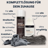  Reinigungs-Komplettset von LUFIP: Magic Foam Sprayschaum, Drain Pearls Rohrreiniger und zwei graue Mikrofasertücher vor hellem Hintergrund; beschriftet mit Vorteilen wie „für alle Oberflächen“, „löst alle Verstopfungen“, „streifenfrei sauber“, „3× schneller putzen“, „kratzfrei & schonend“ und „ultra saugfähig“.