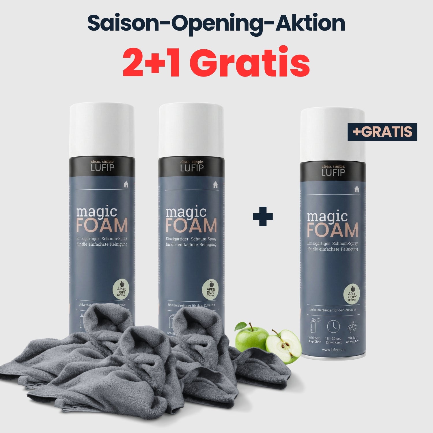 LUFIP Magic Foam Aktivschaumreiniger 2 plus 1 gratis Saison Angebot mit Apfelduft Edition