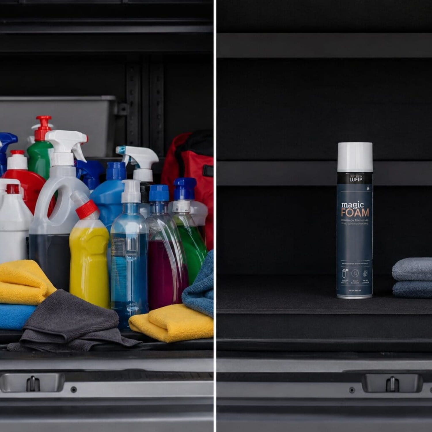 LUFIP Magic Foam Aktivschaumreiniger als platzsparende Alternative zu vielen Auto-Reinigern