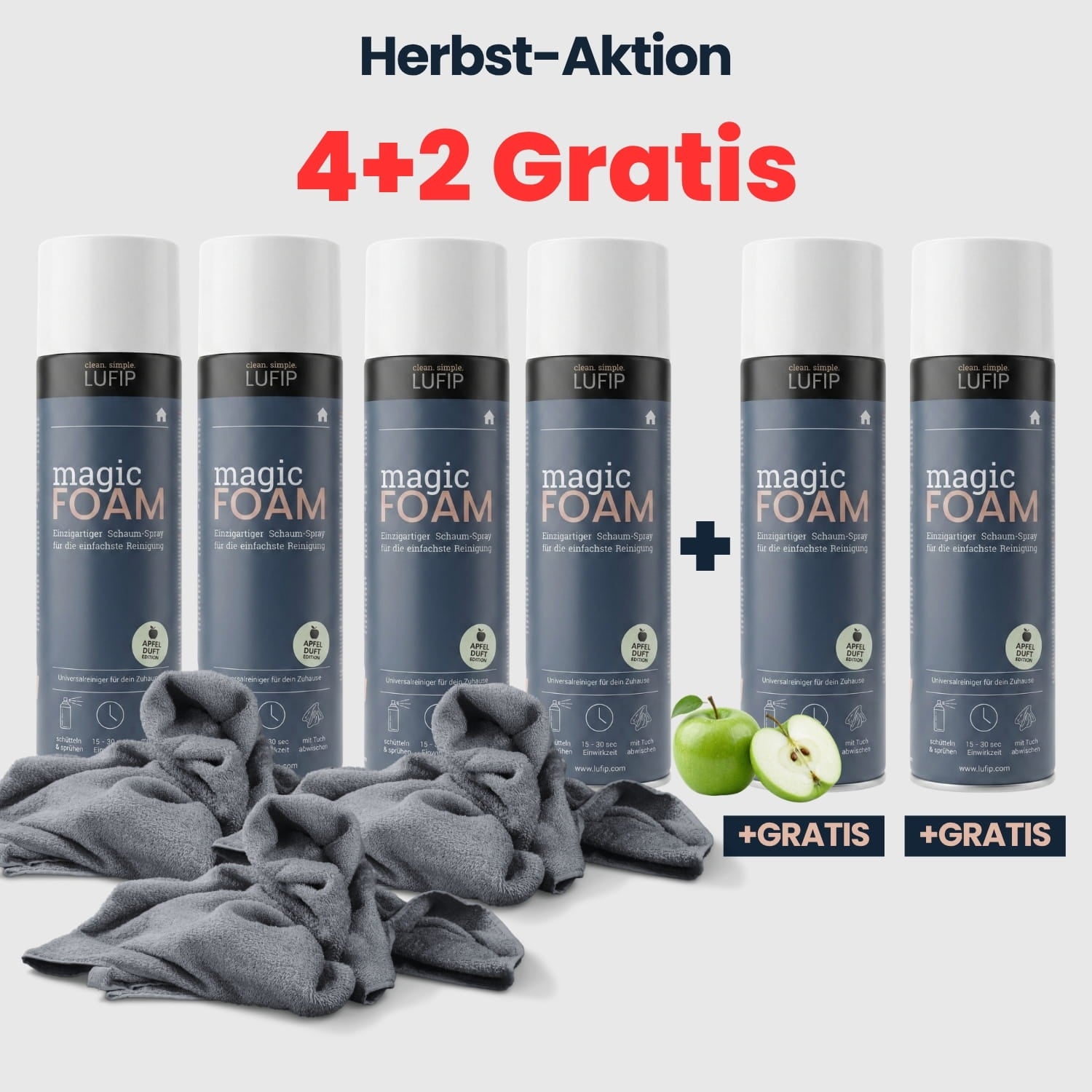 LUFIP Magic Foam mit Apfelduft in der Herbst-Aktion – sechs Dosen und Reinigungstücher im 4+2-Gratis-Angebot.