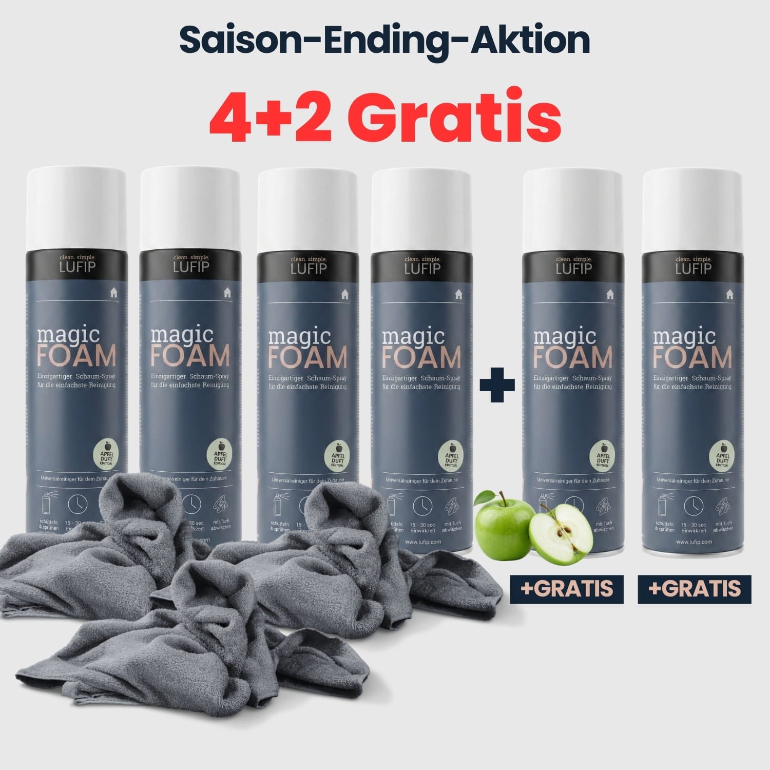 LUFIP Magic Foam Apfelduft Saison-Ending-Aktion mit sechs Dosen und Reinigungstüchern – 4 kaufen und 2 gratis erhalten.