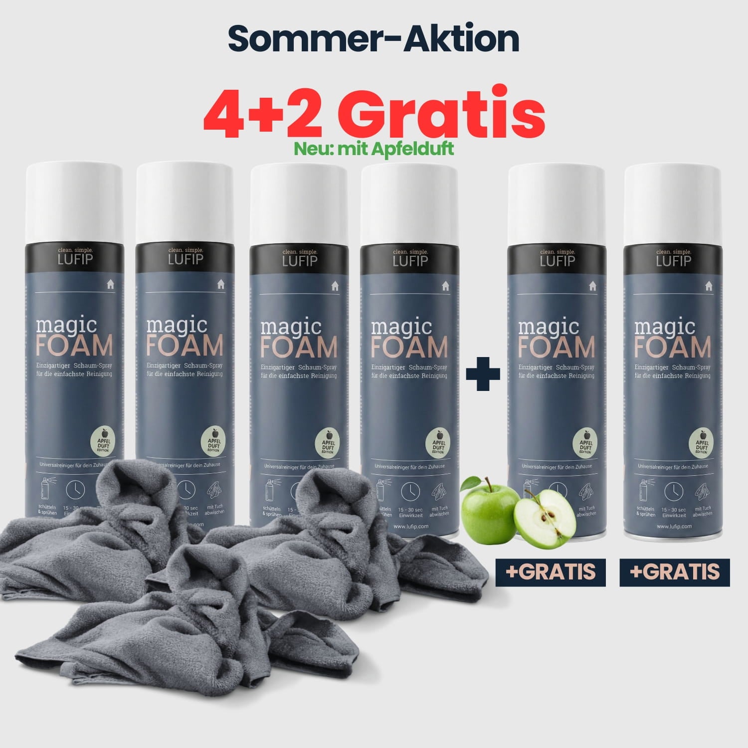 LUFIP Magic Foam Sommer-Aktion mit Apfelduft: 4 Magic Foam Aktivschaum kaufen und 2 Dosen gratis erhalten. Universalreiniger für Haushalt, Auto, Motorrad und Fahrrad.