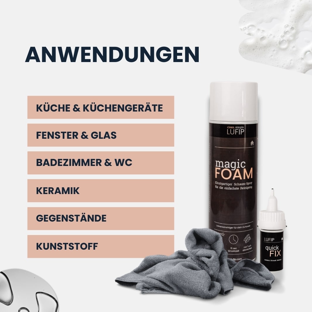 Magic Foam Reinigungsschaum mit Anwendungsmöglichkeiten für Küche, Fenster, Badezimmer, Keramik und Kunststoff.