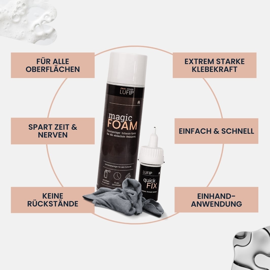 Magic Foam Reinigungsschaum mit Vorteilen wie keine Rückstände, antibakteriell, effizient und schnell.

