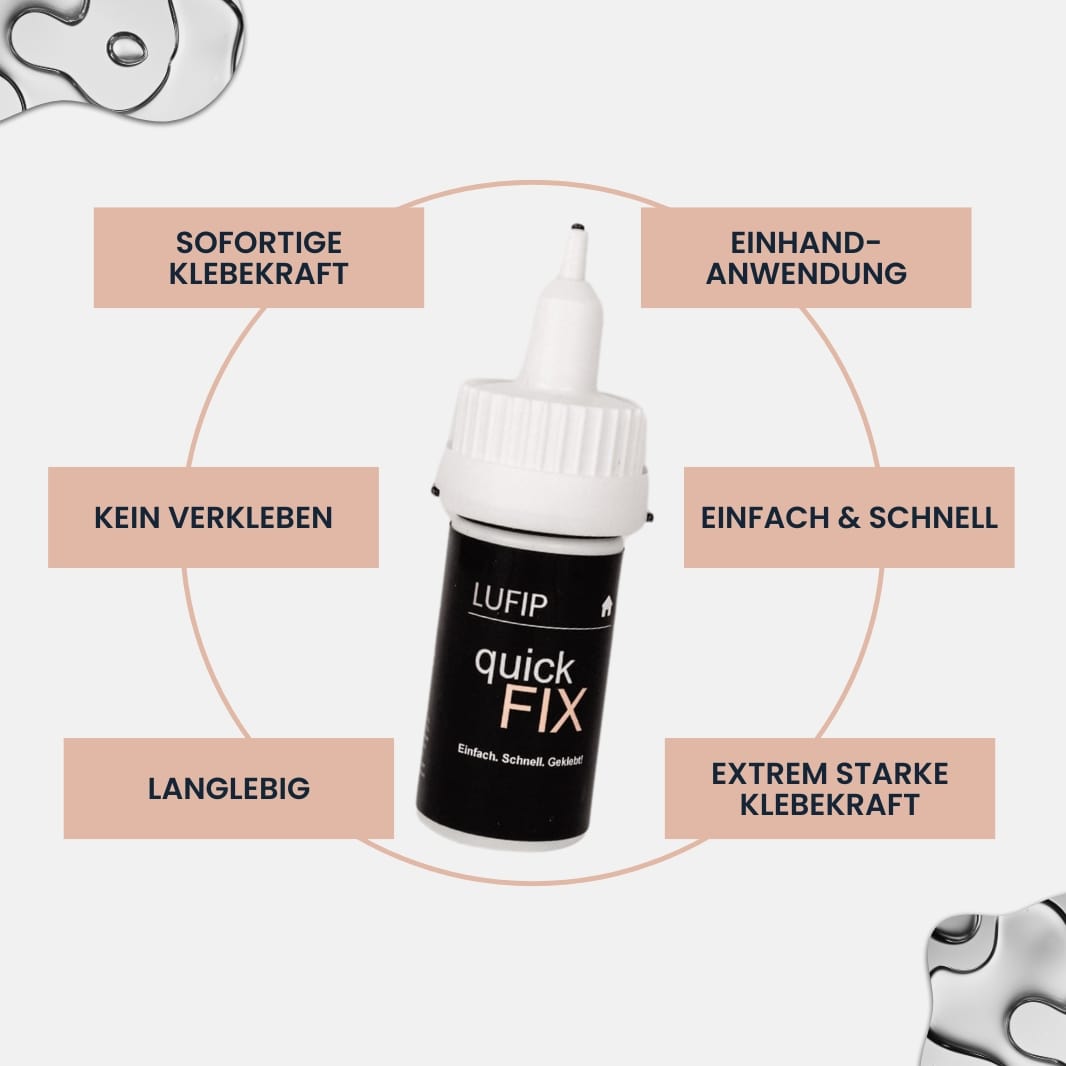 Quick Fix von LUFIP mit Vorteilen wie starke Klebekraft, keine Verklebungen, langlebig und einfache Einhand-Anwendung. Der perfekte Universalkleber.
