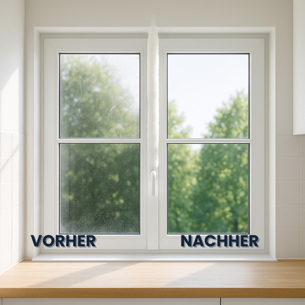 Hand wischt mit Magic Foam einen verschmierten Spiegel sauber – klare Sicht in Sekunden, keine Schlieren oder Rückstände.

